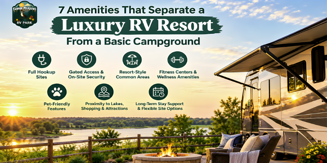 Luxury RV resort with lake views, fire pit, and outdoor seating